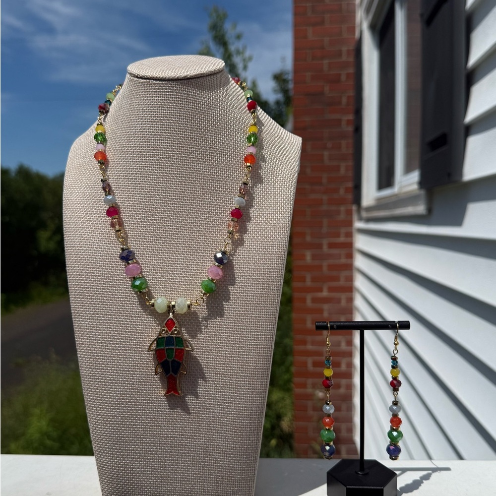 Multicolor Crystal Beaded Fish Pendant Necklace and Earrings Set